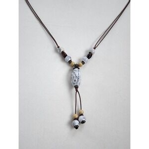 AVALAYA White Textured Ceramic Bead Tassel Necklace Brown Cotton Cord FREE $HIP!